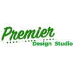 Premier Design Studio Logo - Premier in Large Cursive Font all green letters under-lined by 4 green dots, 2 white dots, 4 green dots, another 2 white dots, and a final 4 green dots. "Premier" and the "underline-of-dots" is angled upwards. Underneath in a smaller Sans Serif Green Font are the words "Design Studio".